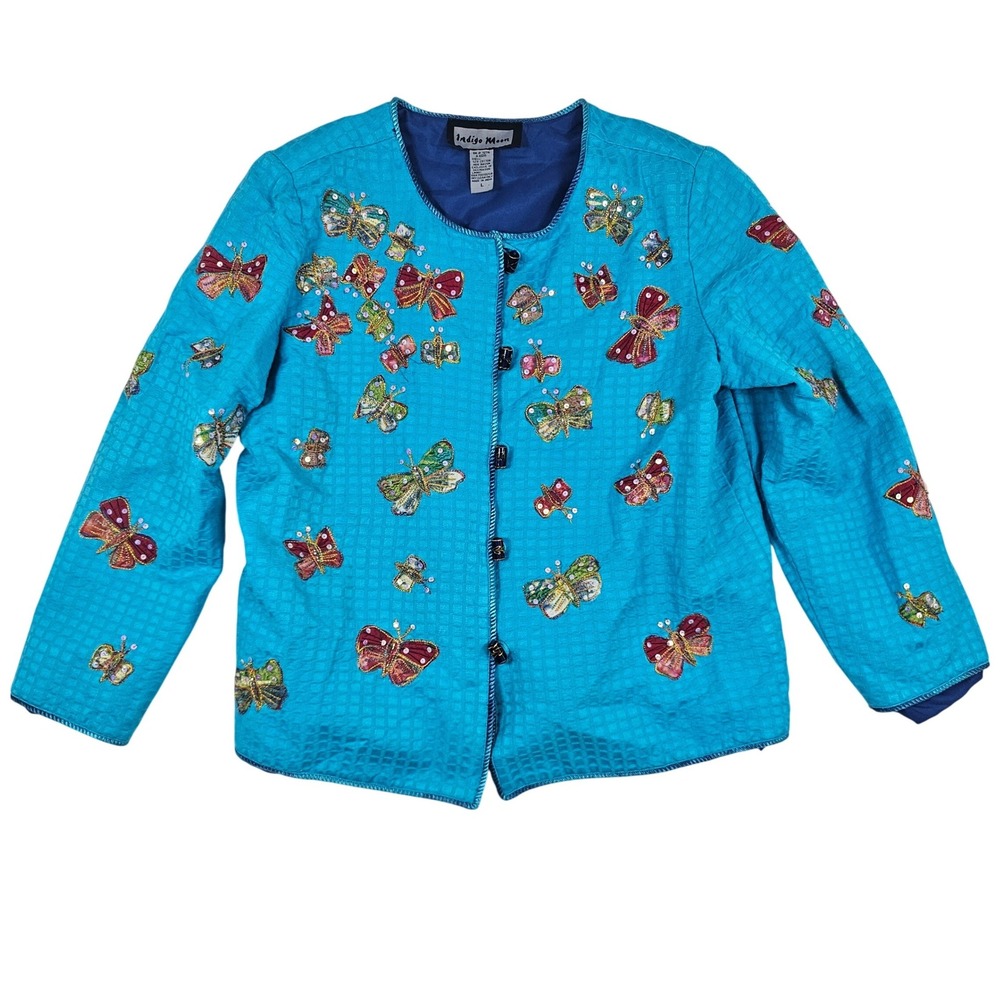 Indigo Moon Blue Butterfly Embroidered Beaded Jacket Womens Large Art to Wear L